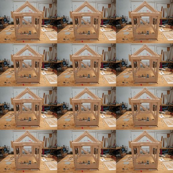 step by step assembly photos arranged in sequence showing a project coming together. clean workshop background, good lighting, educational style. square format 600x600px.